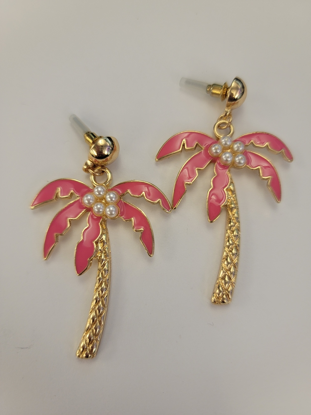 Gold & Pink Palm Tree Drop Earrings with Pearl Accent